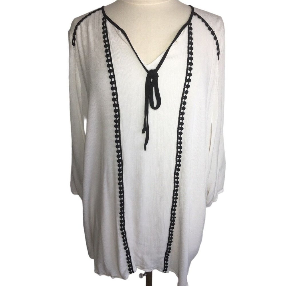 Avenue Woman's 26/28 BOHO Ivory White Gauze Tunic Black Trim 3/4 Sleeve V-neck
